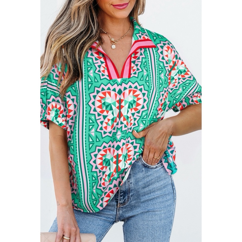 New Boho Abstract Print Contrast Striped Collared V Neck Blouse